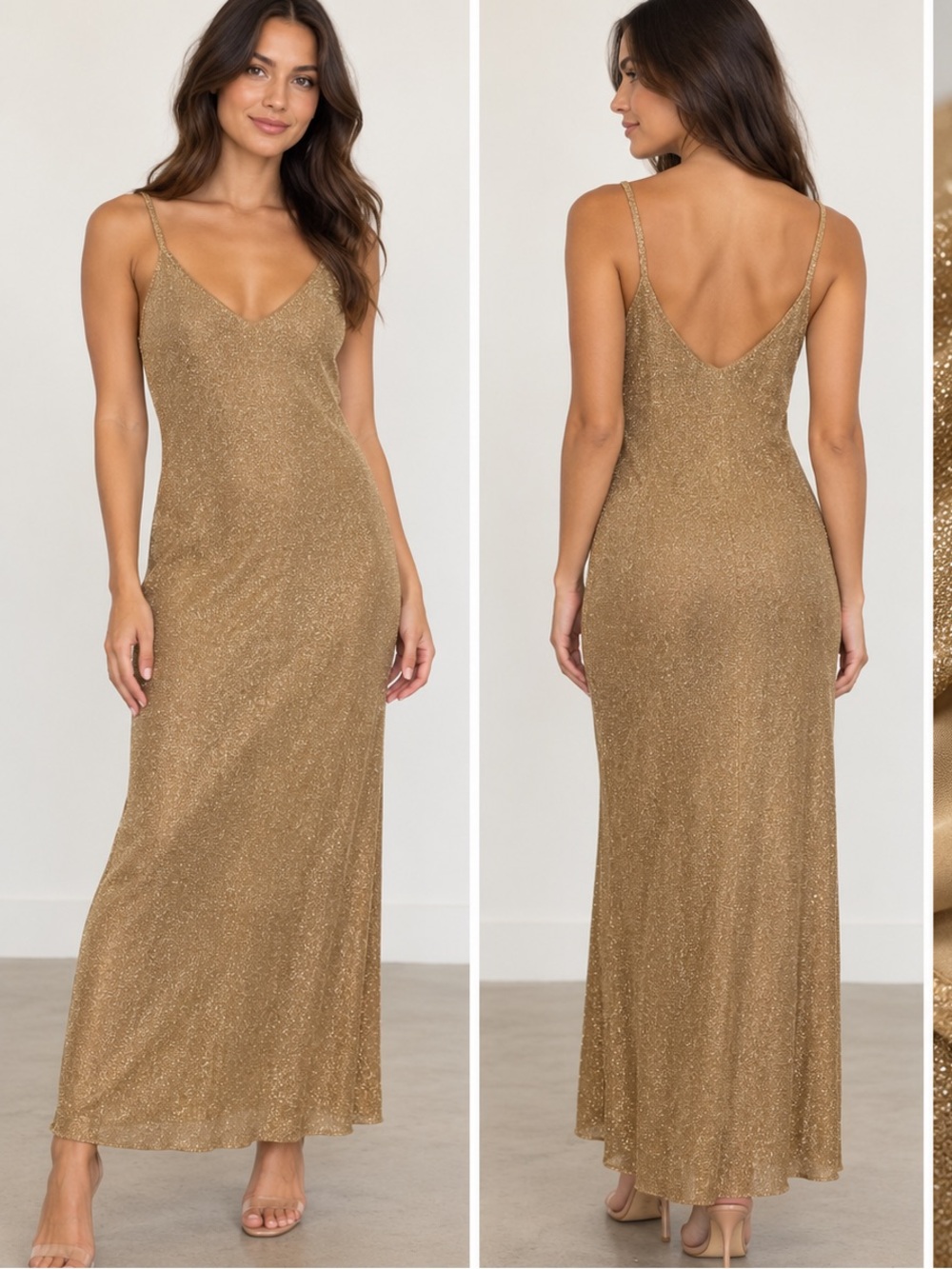 Zara Gold Metallic Shimmer Spaghetti Strap Maxi Slip Dress